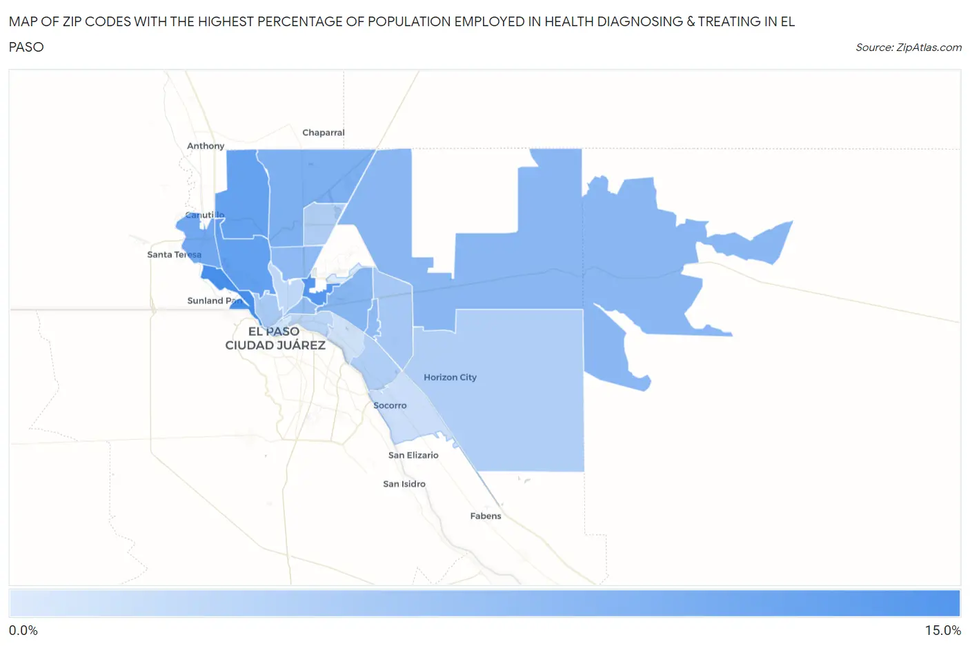 Zip Codes with the Highest Percentage of Population Employed in Health Diagnosing & Treating in El Paso Map