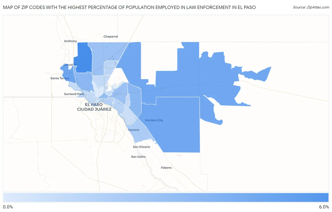 Zip Codes with the Highest Percentage of Population Employed in Law Enforcement in El Paso Map