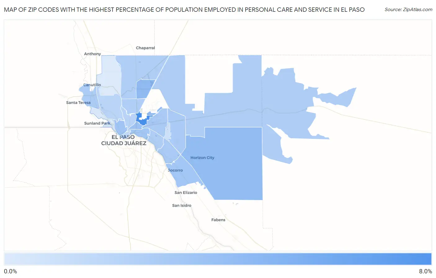 Zip Codes with the Highest Percentage of Population Employed in Personal Care and Service in El Paso Map