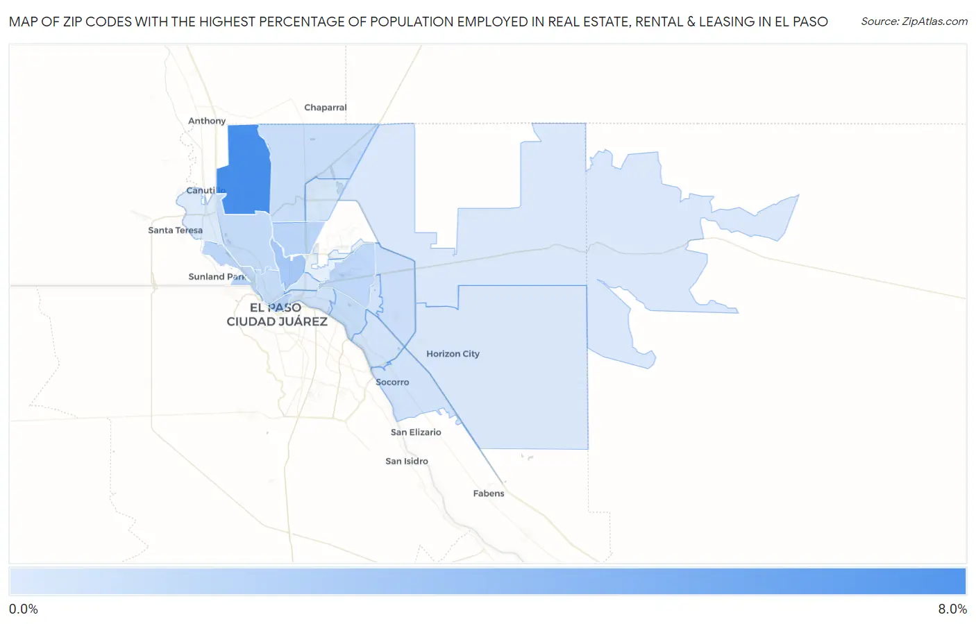 Zip Codes with the Highest Percentage of Population Employed in Real Estate, Rental & Leasing in El Paso Map