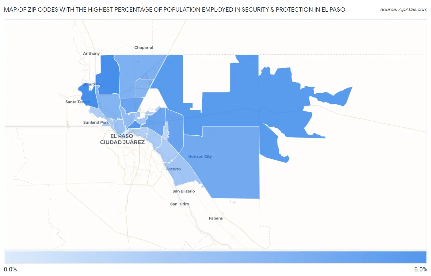 Zip Codes with the Highest Percentage of Population Employed in Security & Protection in El Paso Map