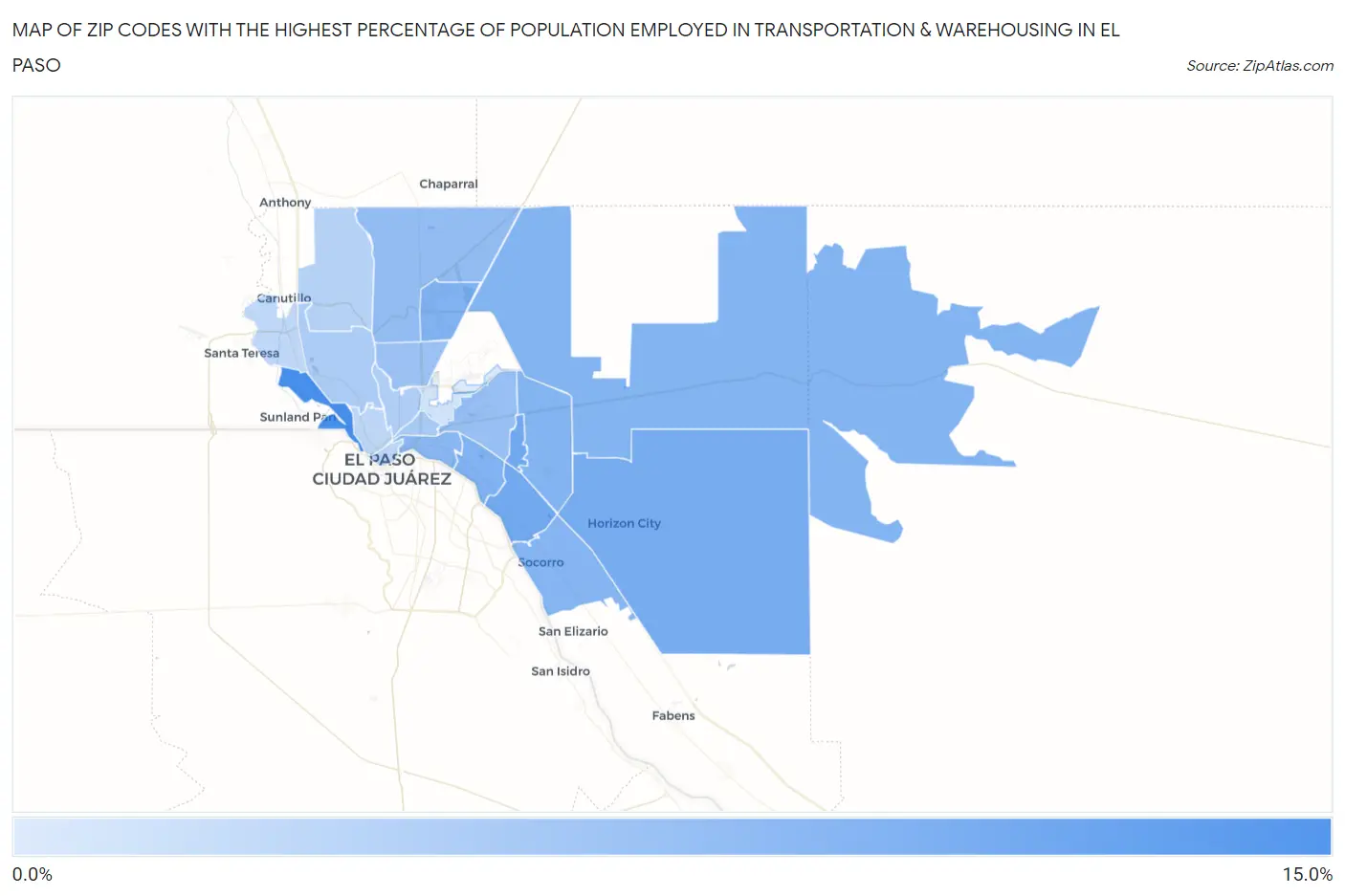 Zip Codes with the Highest Percentage of Population Employed in Transportation & Warehousing in El Paso Map