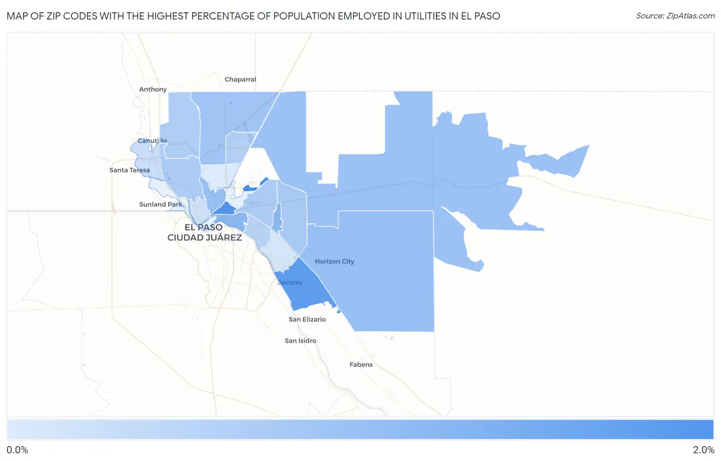 Zip Codes with the Highest Percentage of Population Employed in Utilities in El Paso Map