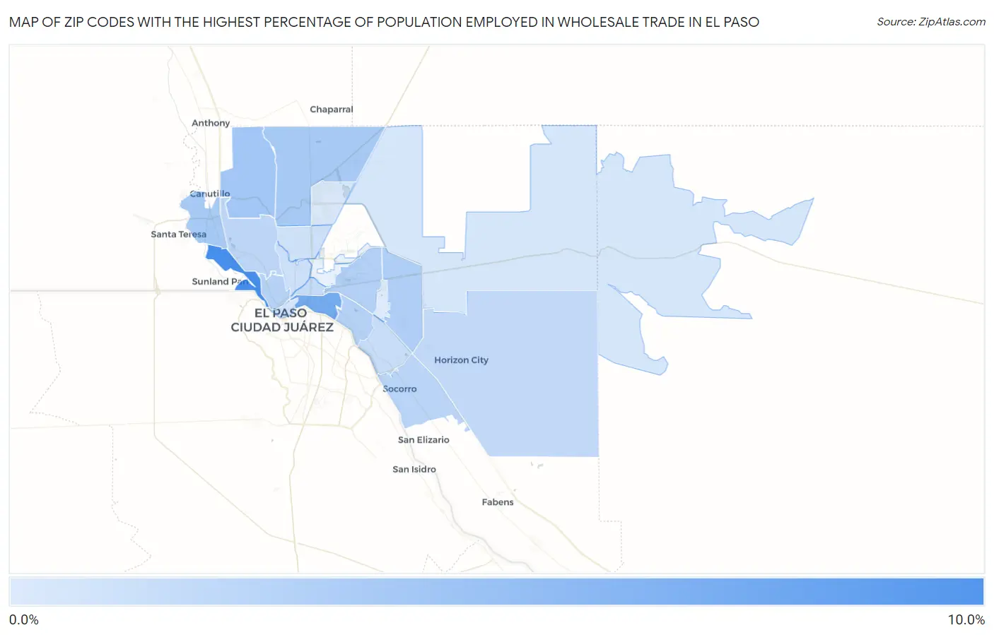 Zip Codes with the Highest Percentage of Population Employed in Wholesale Trade in El Paso Map