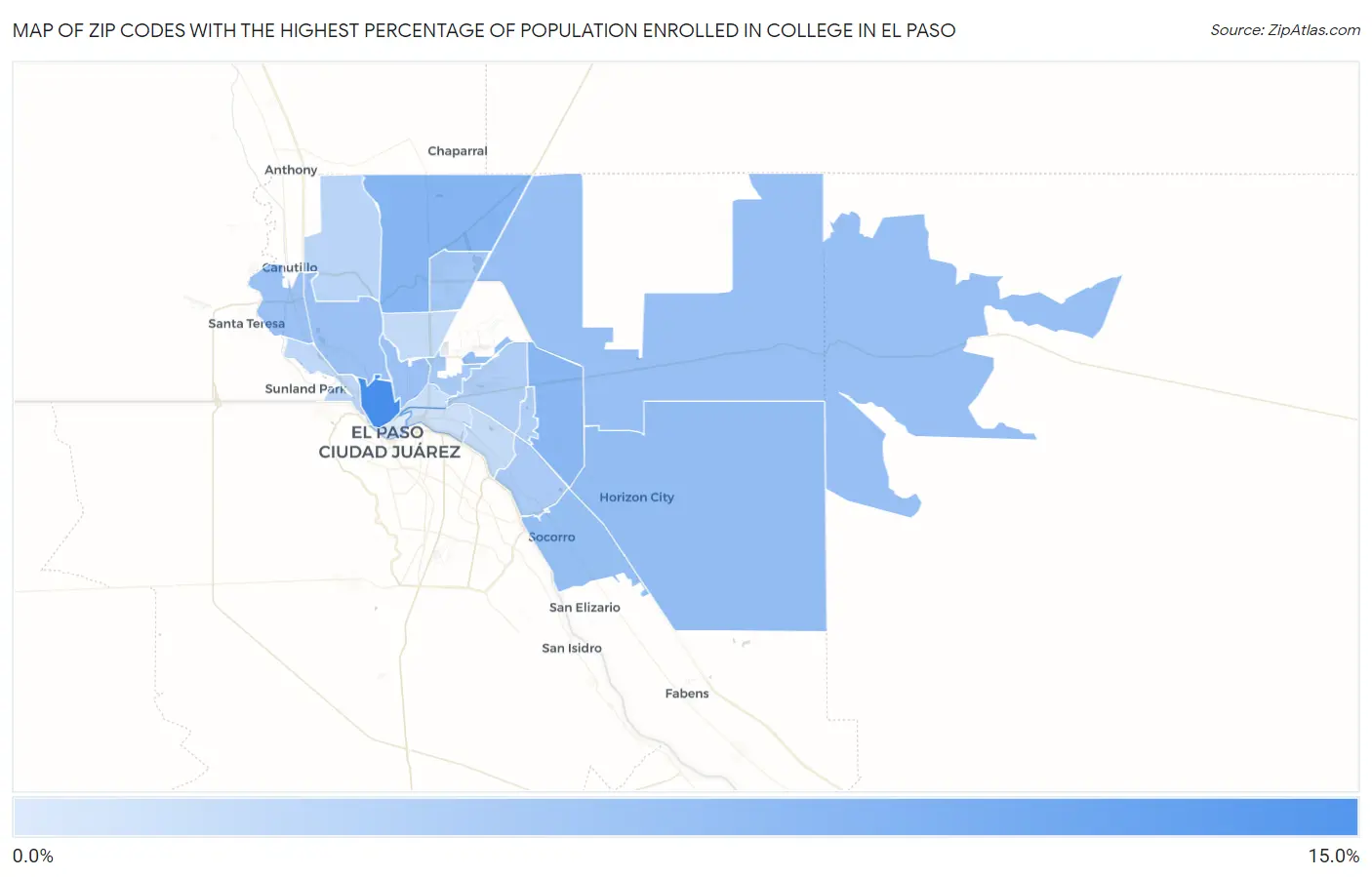 Zip Codes with the Highest Percentage of Population Enrolled in College in El Paso Map