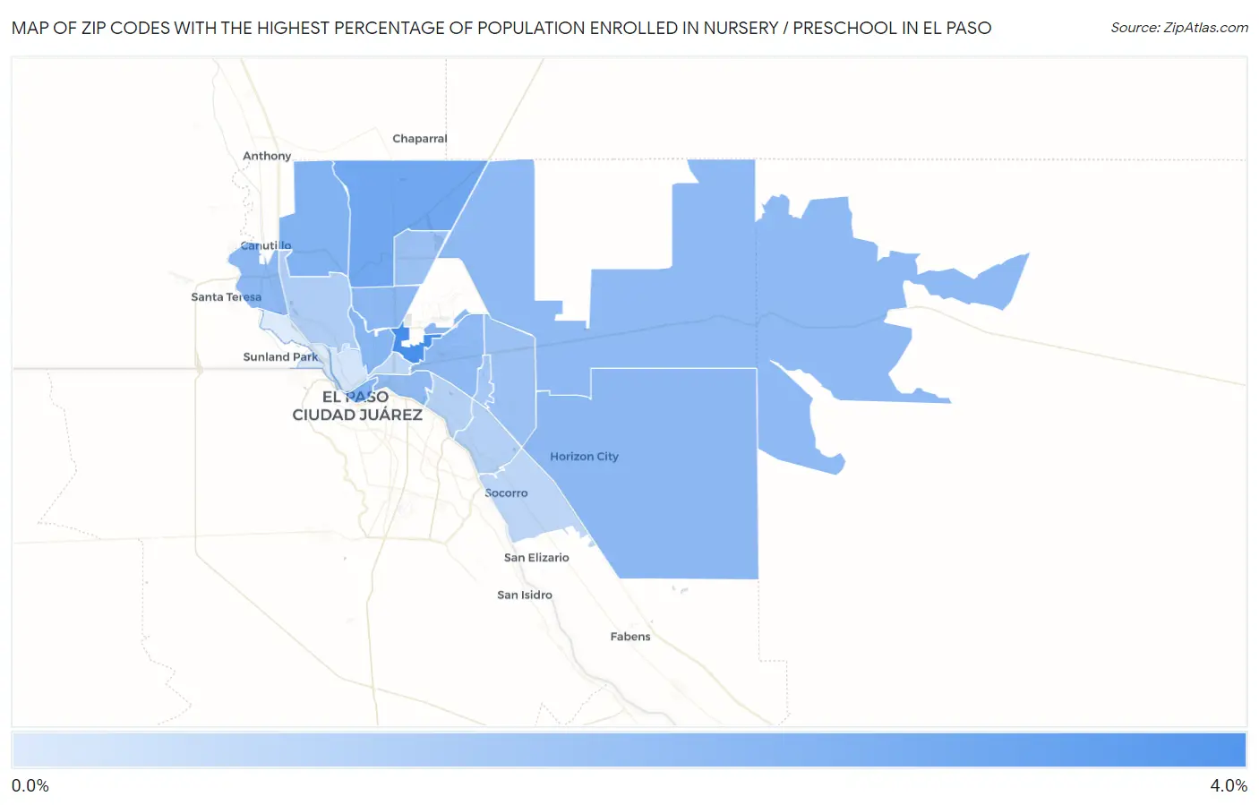 Zip Codes with the Highest Percentage of Population Enrolled in Nursery / Preschool in El Paso Map