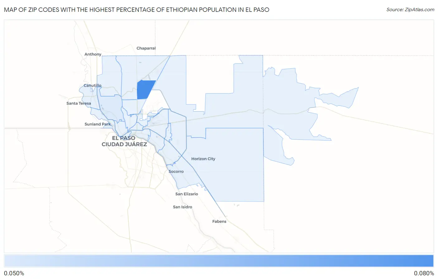 Zip Codes with the Highest Percentage of Ethiopian Population in El Paso Map