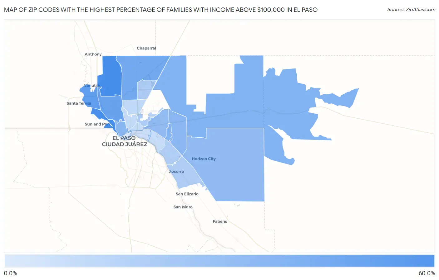 Zip Codes with the Highest Percentage of Families with Income Above $100,000 in El Paso Map