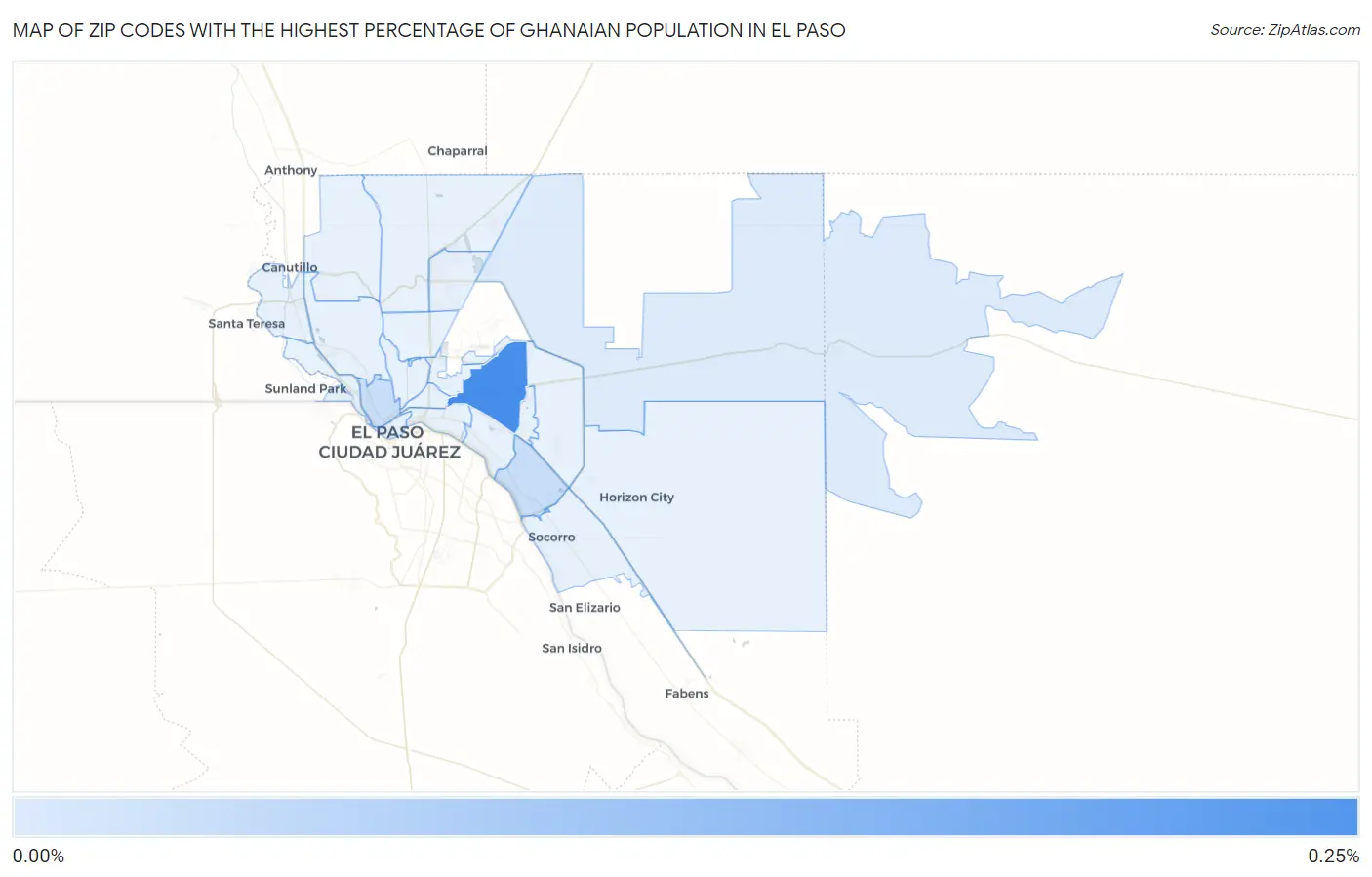 Zip Codes with the Highest Percentage of Ghanaian Population in El Paso Map