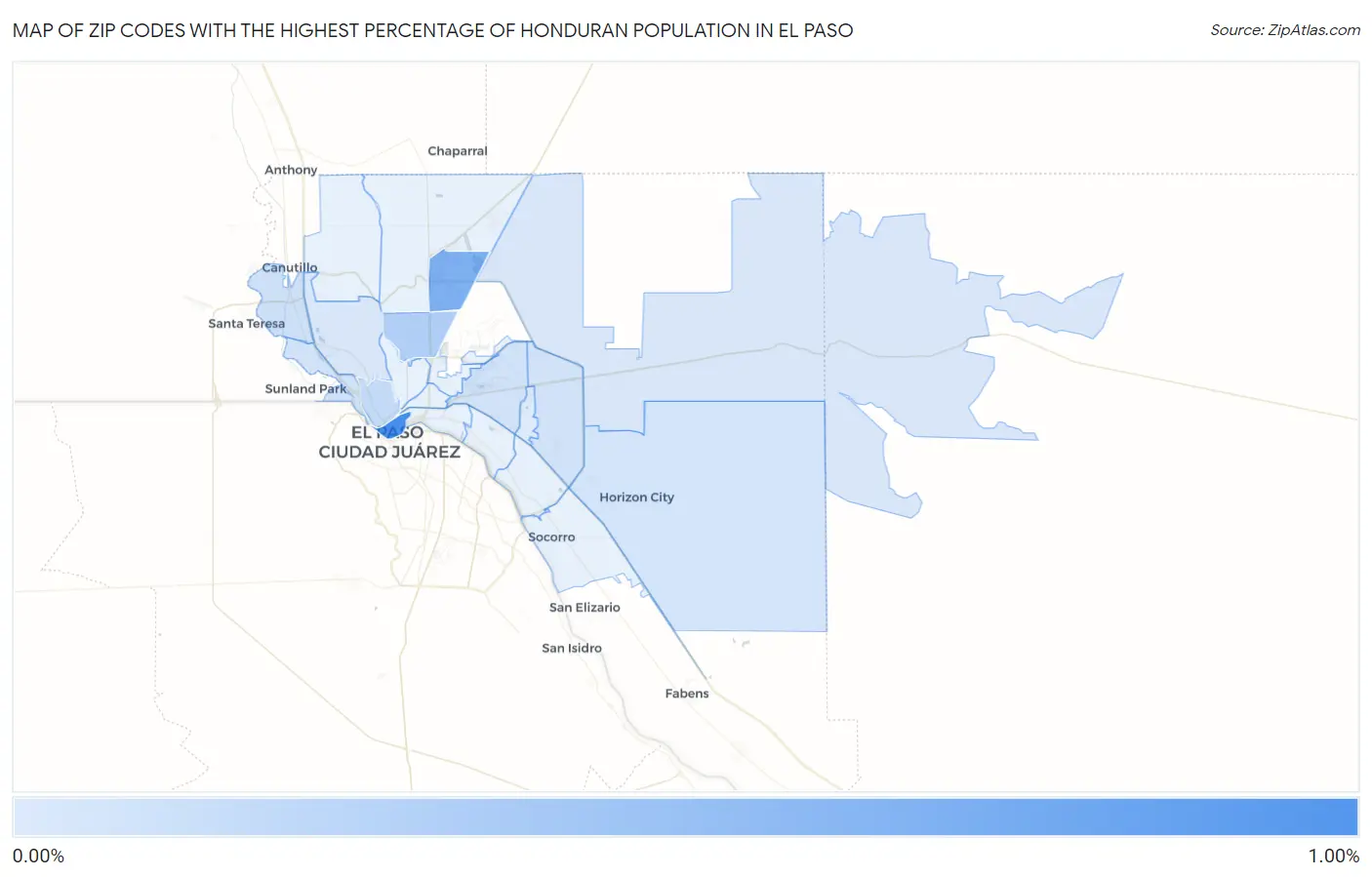 Zip Codes with the Highest Percentage of Honduran Population in El Paso Map