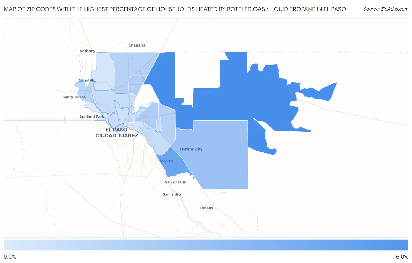 Zip Codes with the Highest Percentage of Households Heated by Bottled Gas / Liquid Propane in El Paso Map