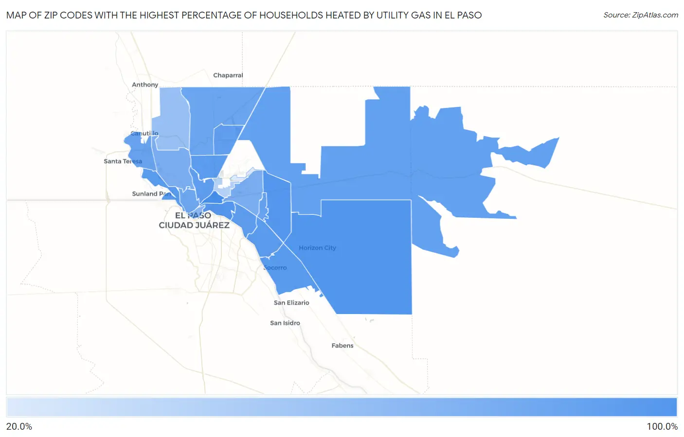 Zip Codes with the Highest Percentage of Households Heated by Utility Gas in El Paso Map