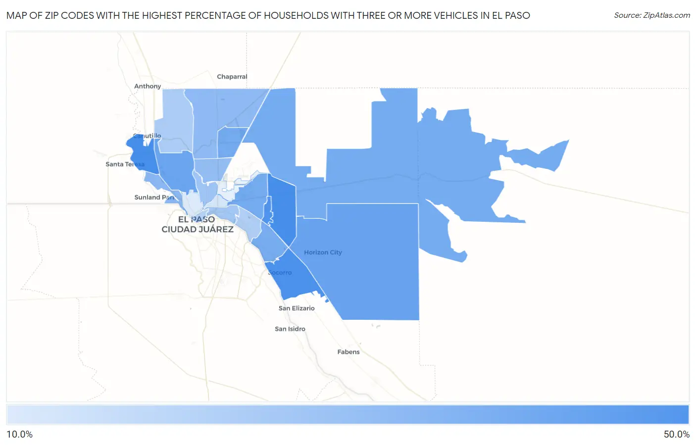 Zip Codes with the Highest Percentage of Households With Three or more Vehicles in El Paso Map