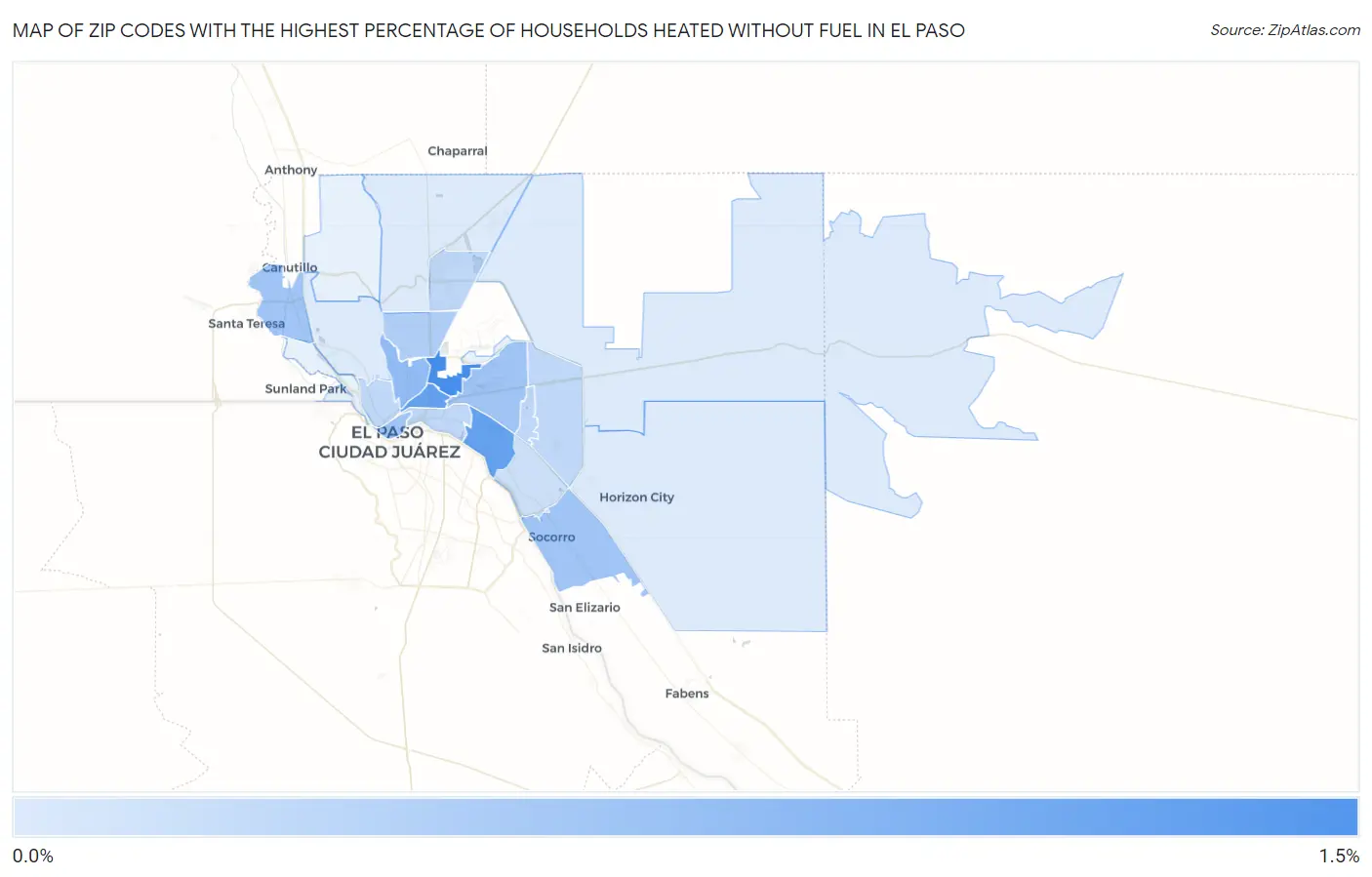 Zip Codes with the Highest Percentage of Households Heated without Fuel in El Paso Map