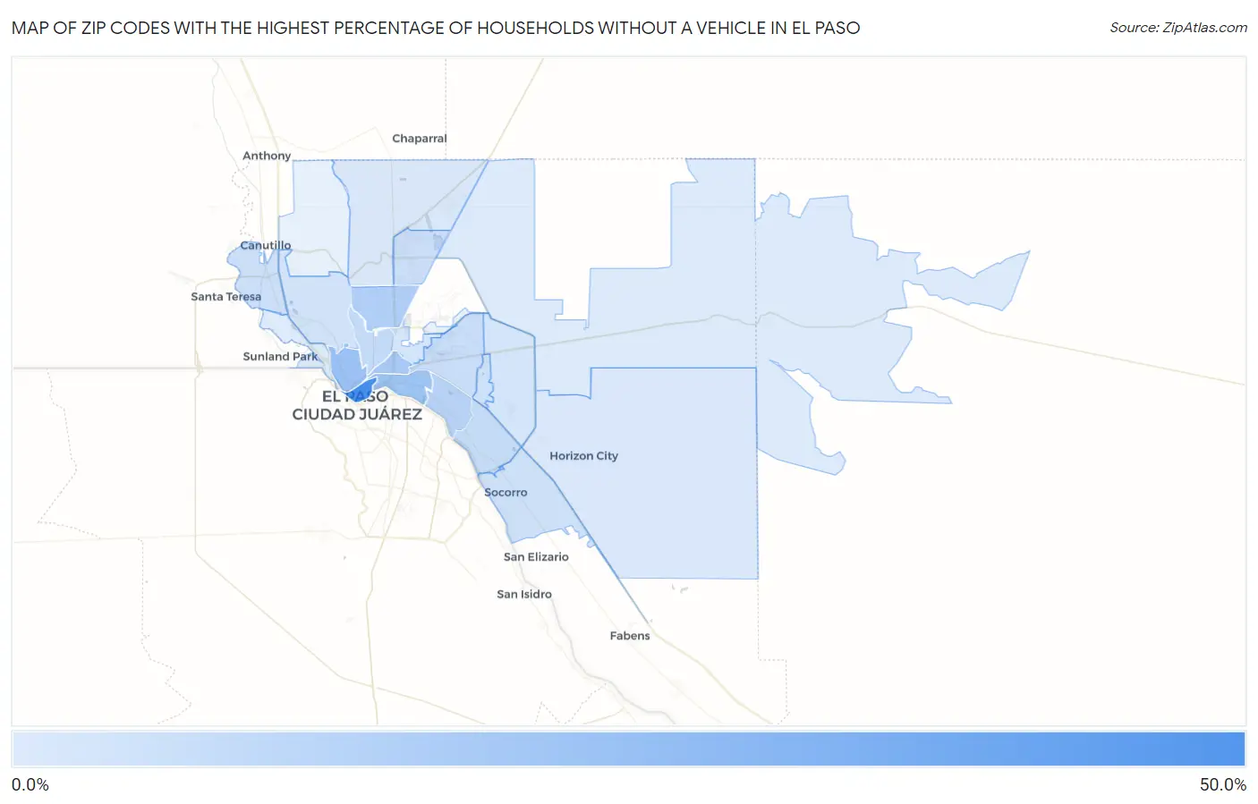 Zip Codes with the Highest Percentage of Households Without a Vehicle in El Paso Map