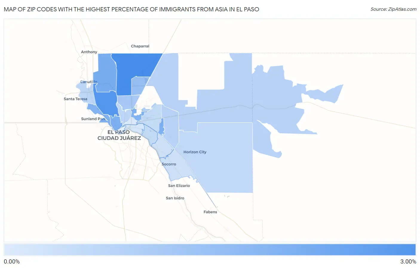 Zip Codes with the Highest Percentage of Immigrants from Asia in El Paso Map