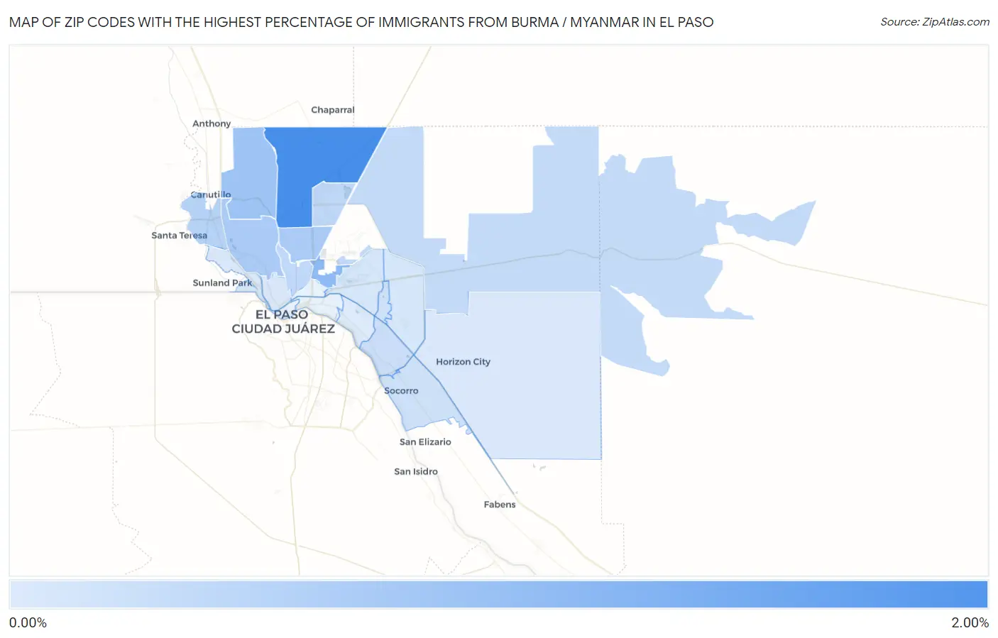 Zip Codes with the Highest Percentage of Immigrants from Burma / Myanmar in El Paso Map
