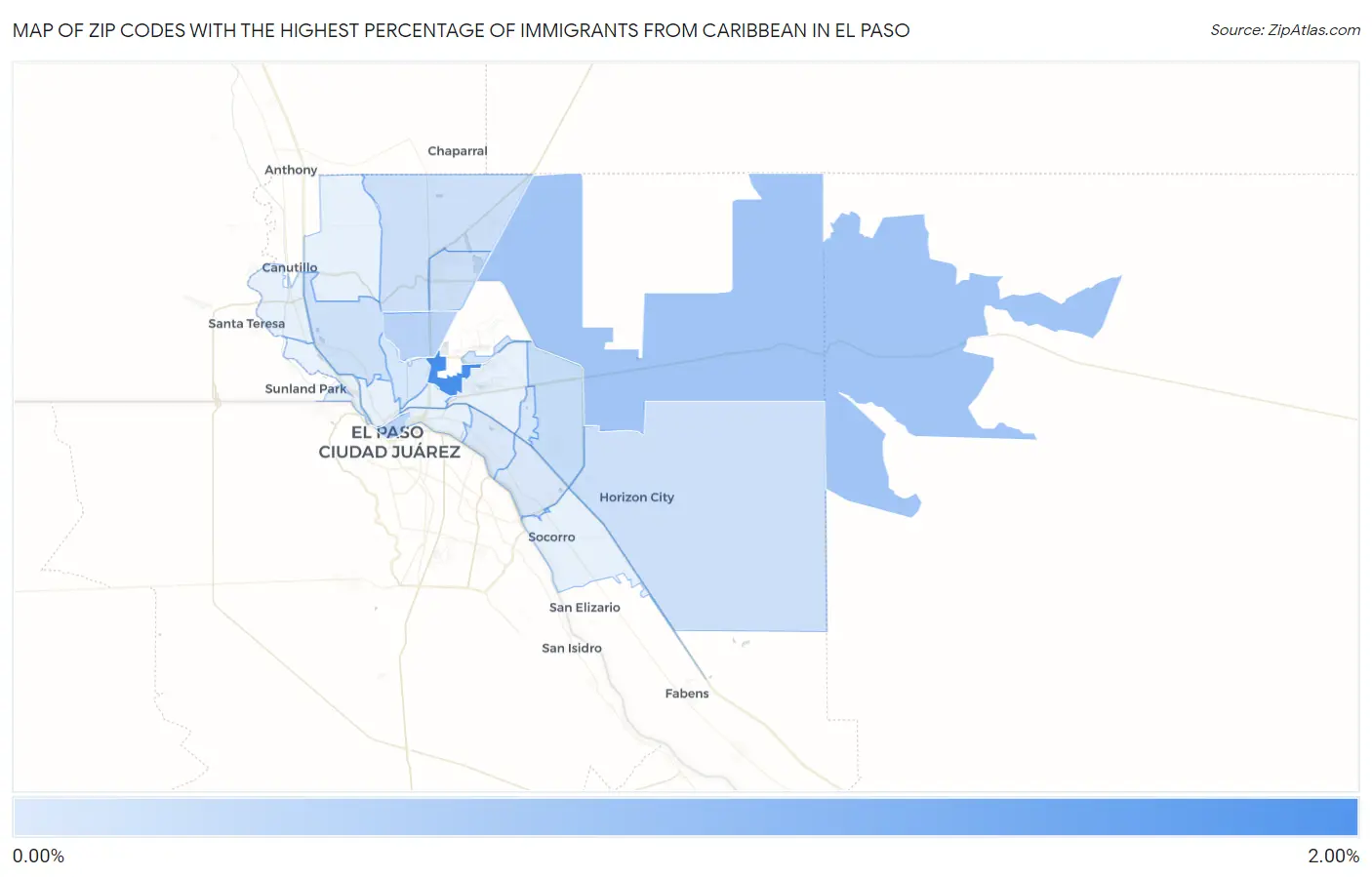 Zip Codes with the Highest Percentage of Immigrants from Caribbean in El Paso Map