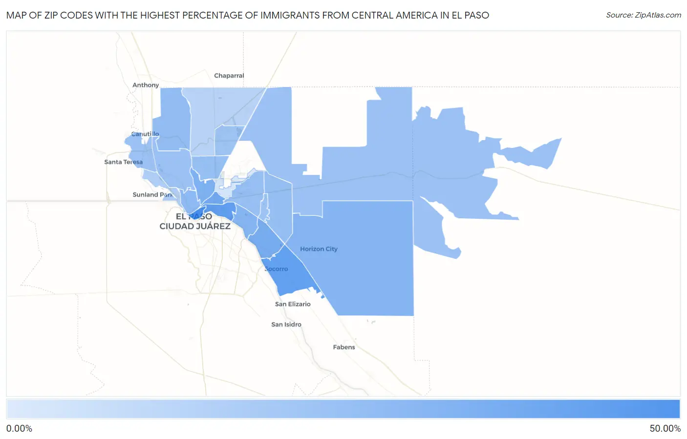 Zip Codes with the Highest Percentage of Immigrants from Central America in El Paso Map