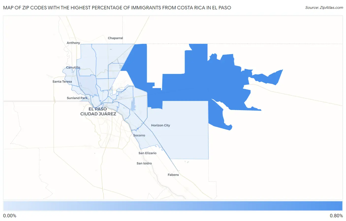 Zip Codes with the Highest Percentage of Immigrants from Costa Rica in El Paso Map