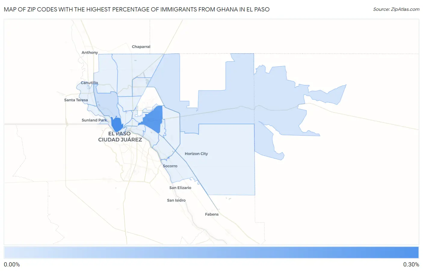 Zip Codes with the Highest Percentage of Immigrants from Ghana in El Paso Map