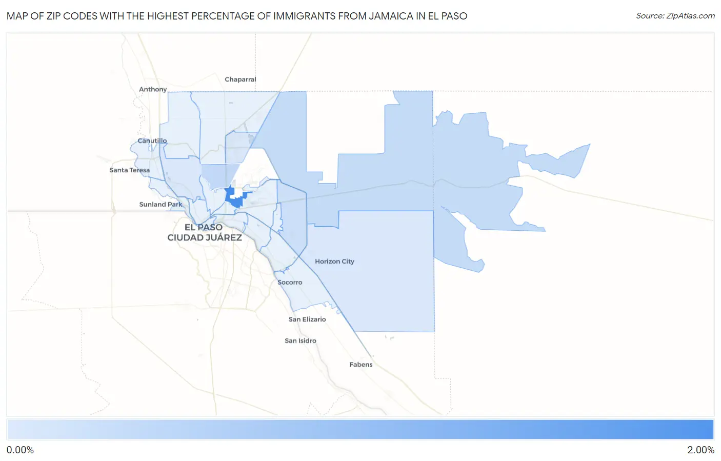 Zip Codes with the Highest Percentage of Immigrants from Jamaica in El Paso Map