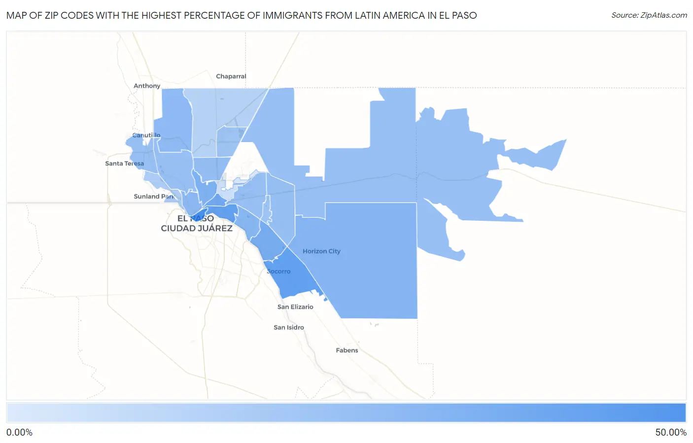 Zip Codes with the Highest Percentage of Immigrants from Latin America in El Paso Map