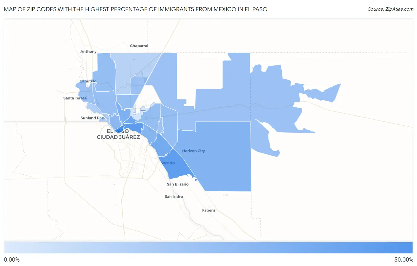 Zip Codes with the Highest Percentage of Immigrants from Mexico in El Paso Map