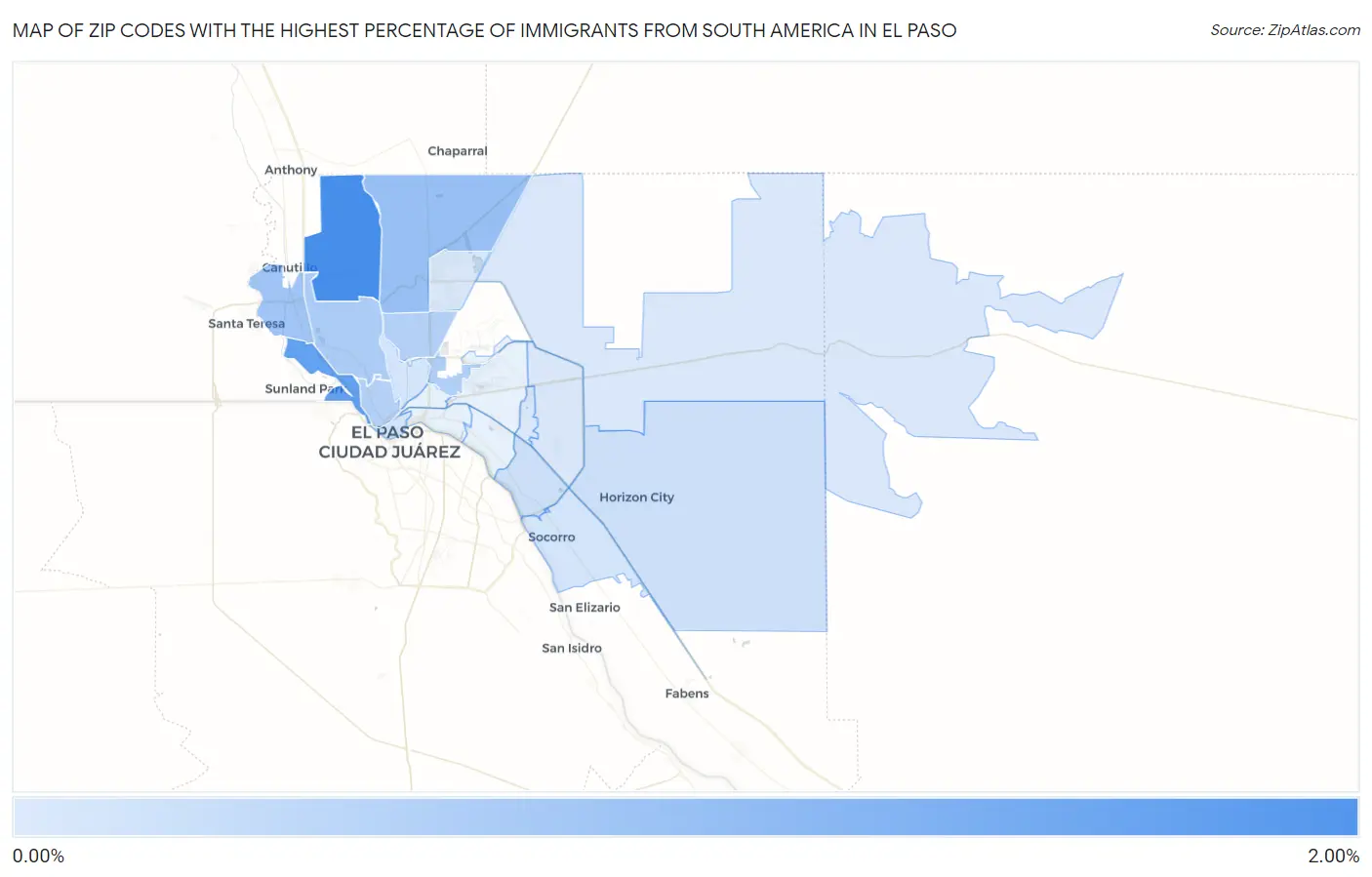 Zip Codes with the Highest Percentage of Immigrants from South America in El Paso Map