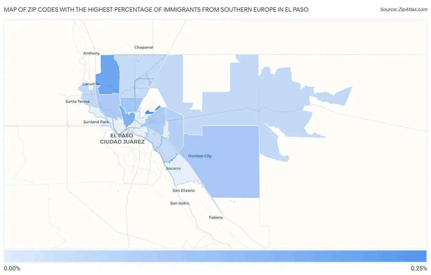Zip Codes with the Highest Percentage of Immigrants from Southern Europe in El Paso Map