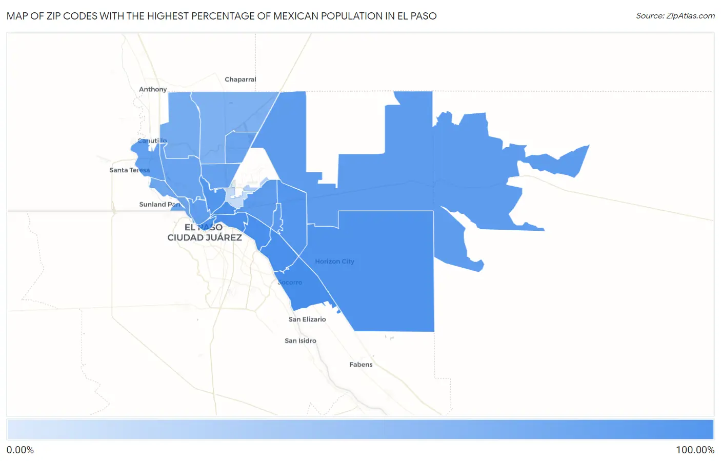 Zip Codes with the Highest Percentage of Mexican Population in El Paso Map
