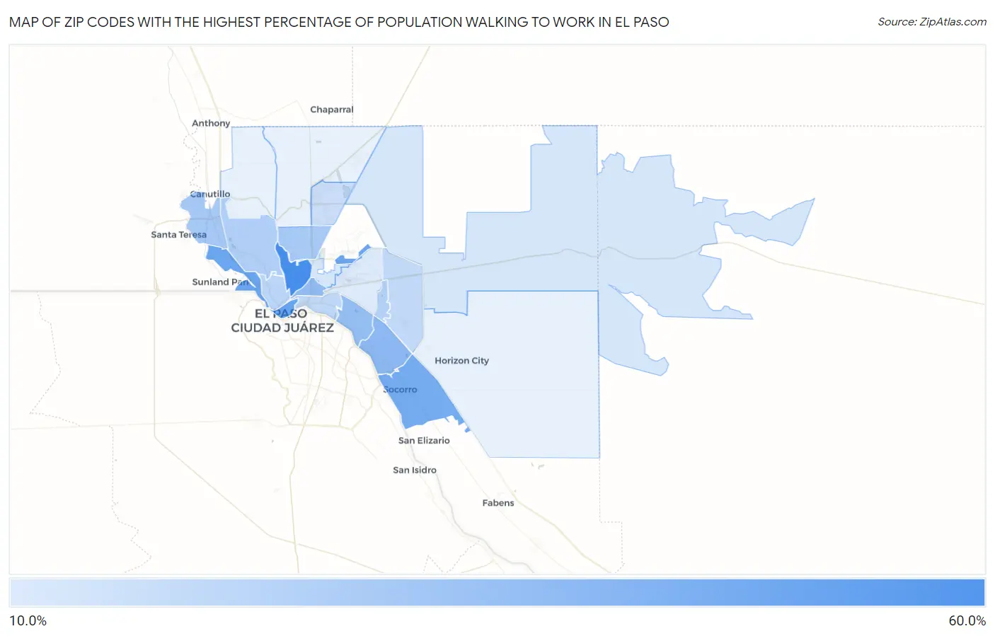 Zip Codes with the Highest Percentage of Population Walking to Work in El Paso Map