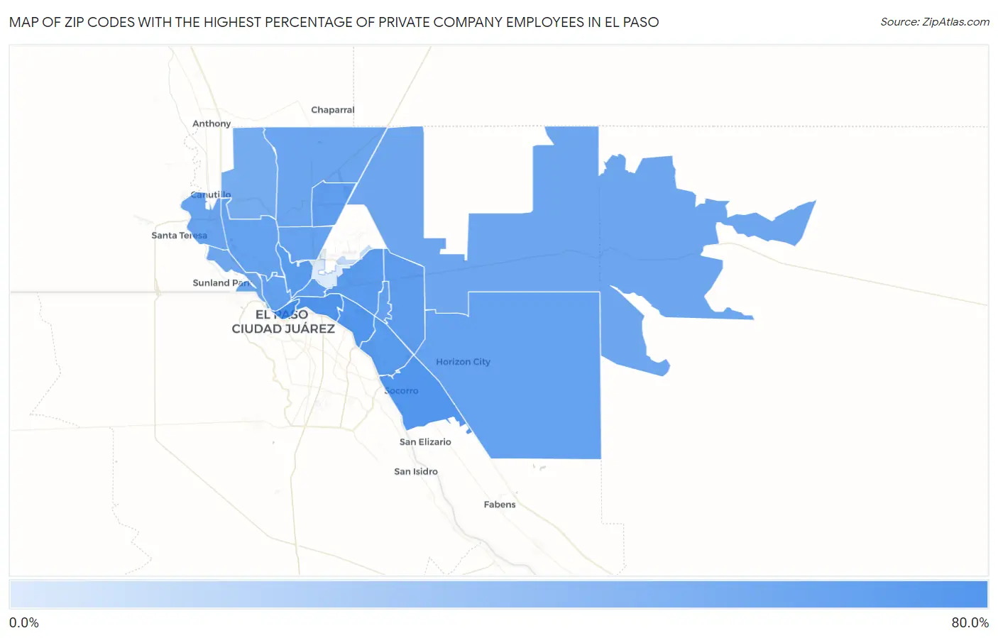 Zip Codes with the Highest Percentage of Private Company Employees in El Paso Map