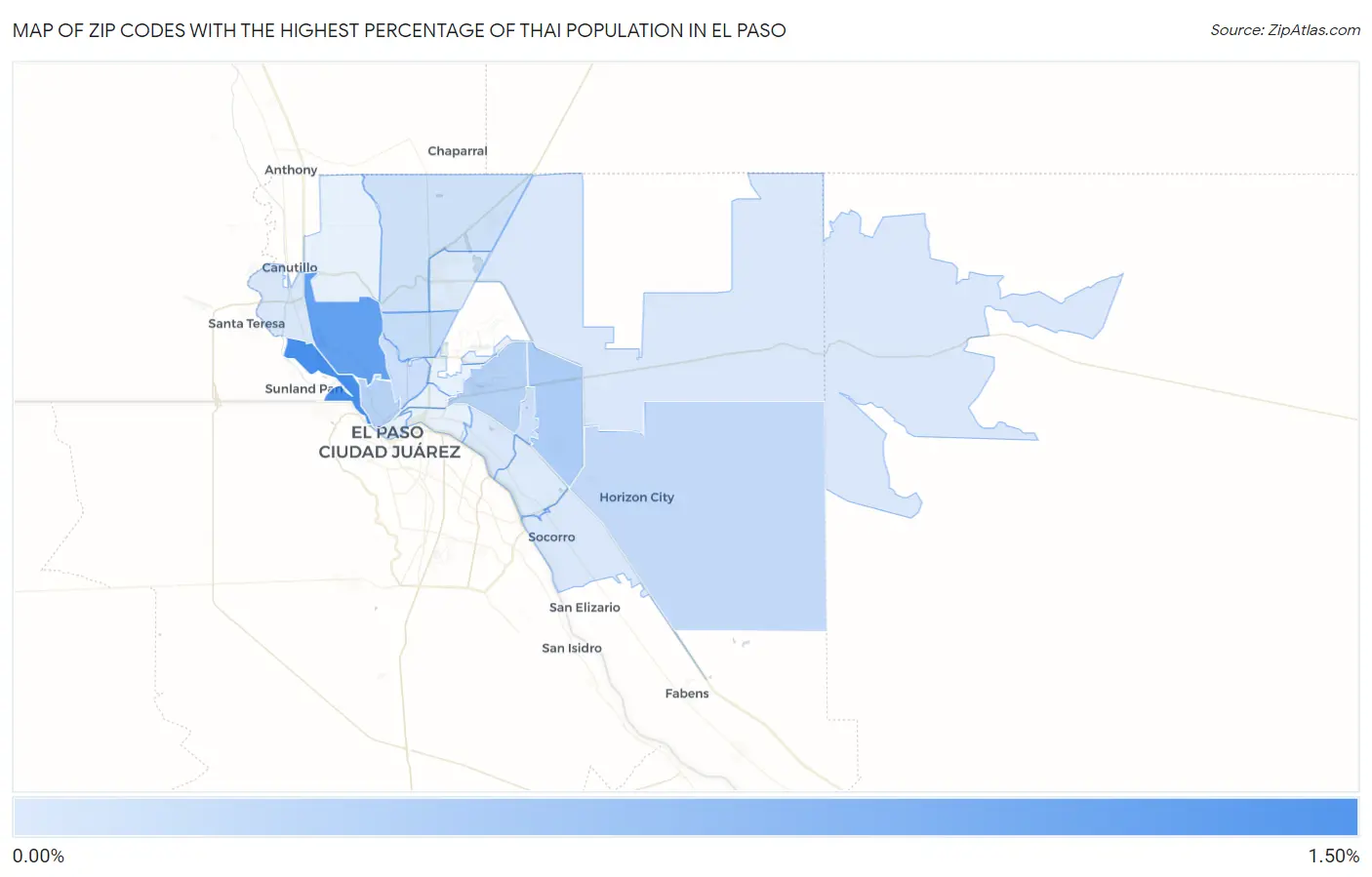Zip Codes with the Highest Percentage of Thai Population in El Paso Map