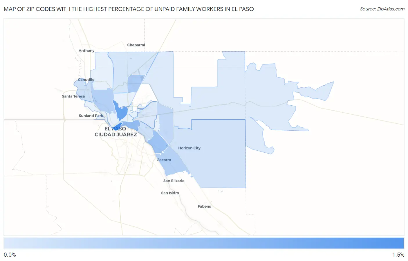 Zip Codes with the Highest Percentage of Unpaid Family Workers in El Paso Map