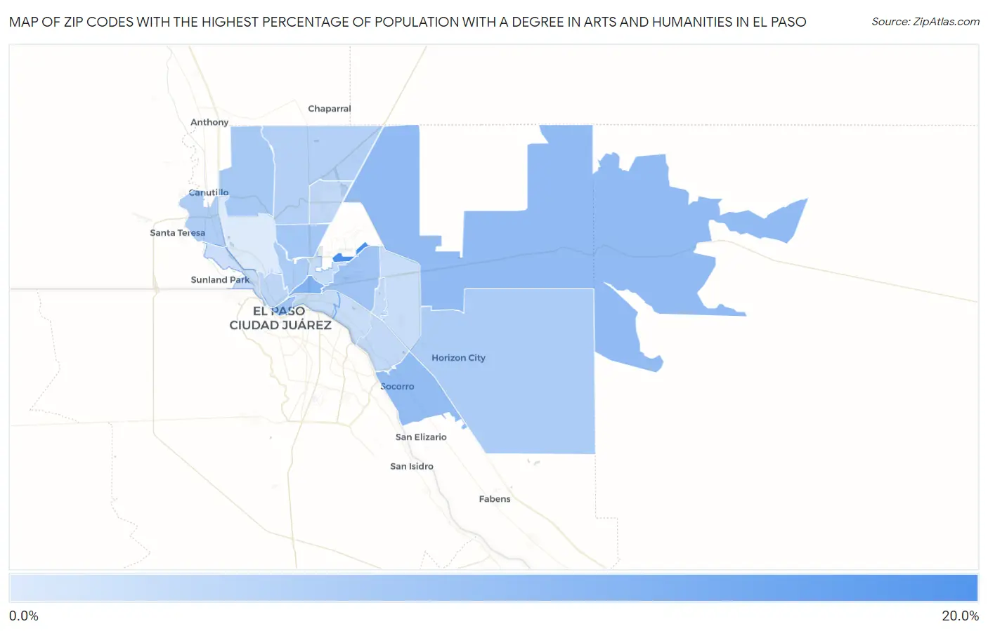 Zip Codes with the Highest Percentage of Population with a Degree in Arts and Humanities in El Paso Map