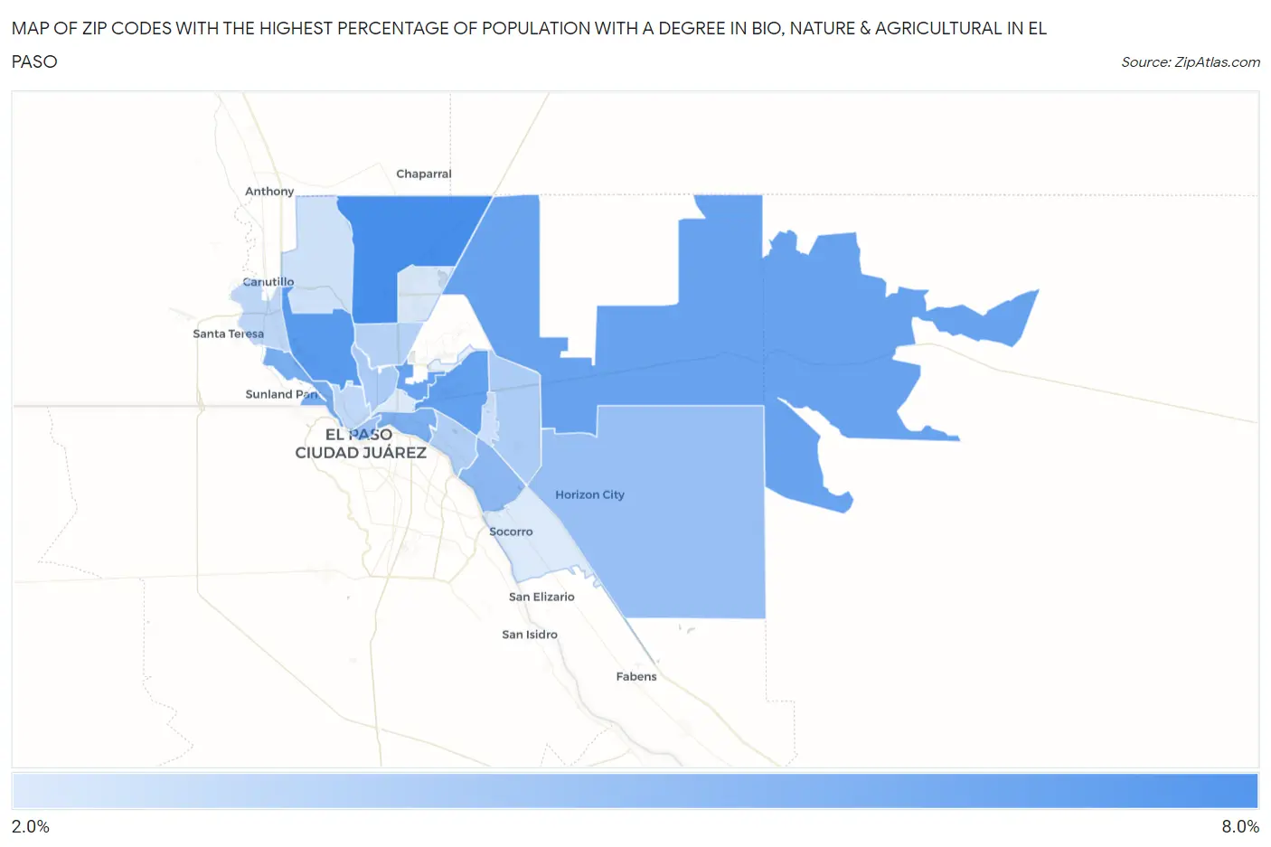Zip Codes with the Highest Percentage of Population with a Degree in Bio, Nature & Agricultural in El Paso Map