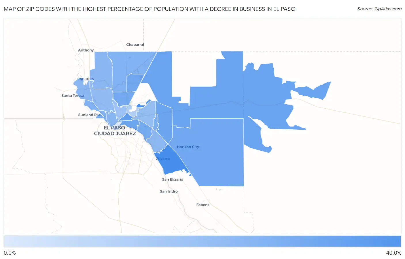 Zip Codes with the Highest Percentage of Population with a Degree in Business in El Paso Map