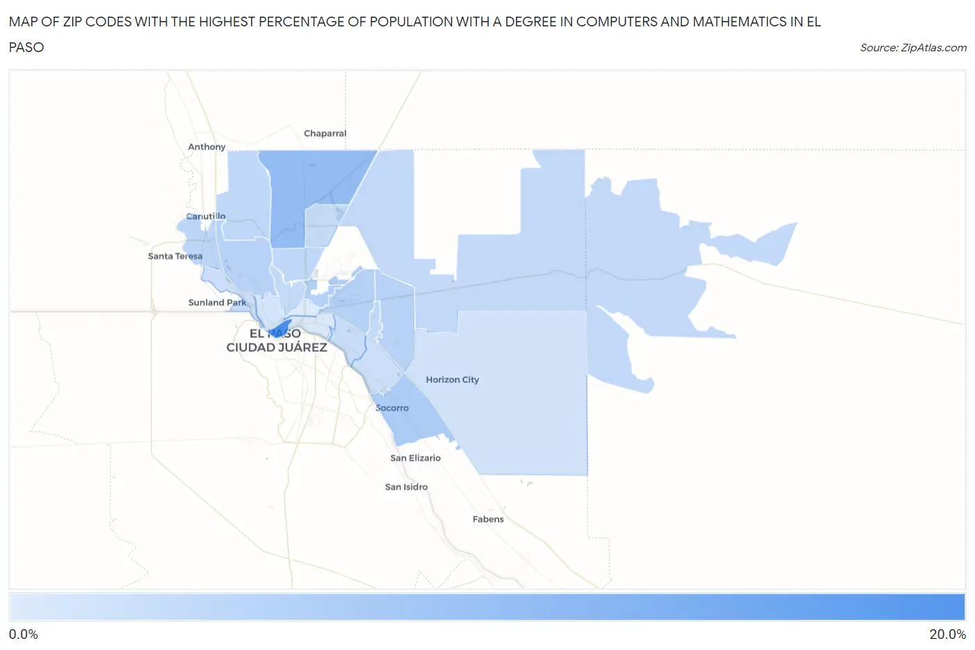Zip Codes with the Highest Percentage of Population with a Degree in Computers and Mathematics in El Paso Map