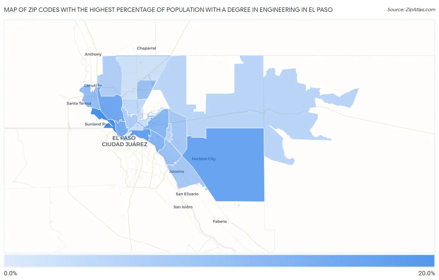 Zip Codes with the Highest Percentage of Population with a Degree in Engineering in El Paso Map