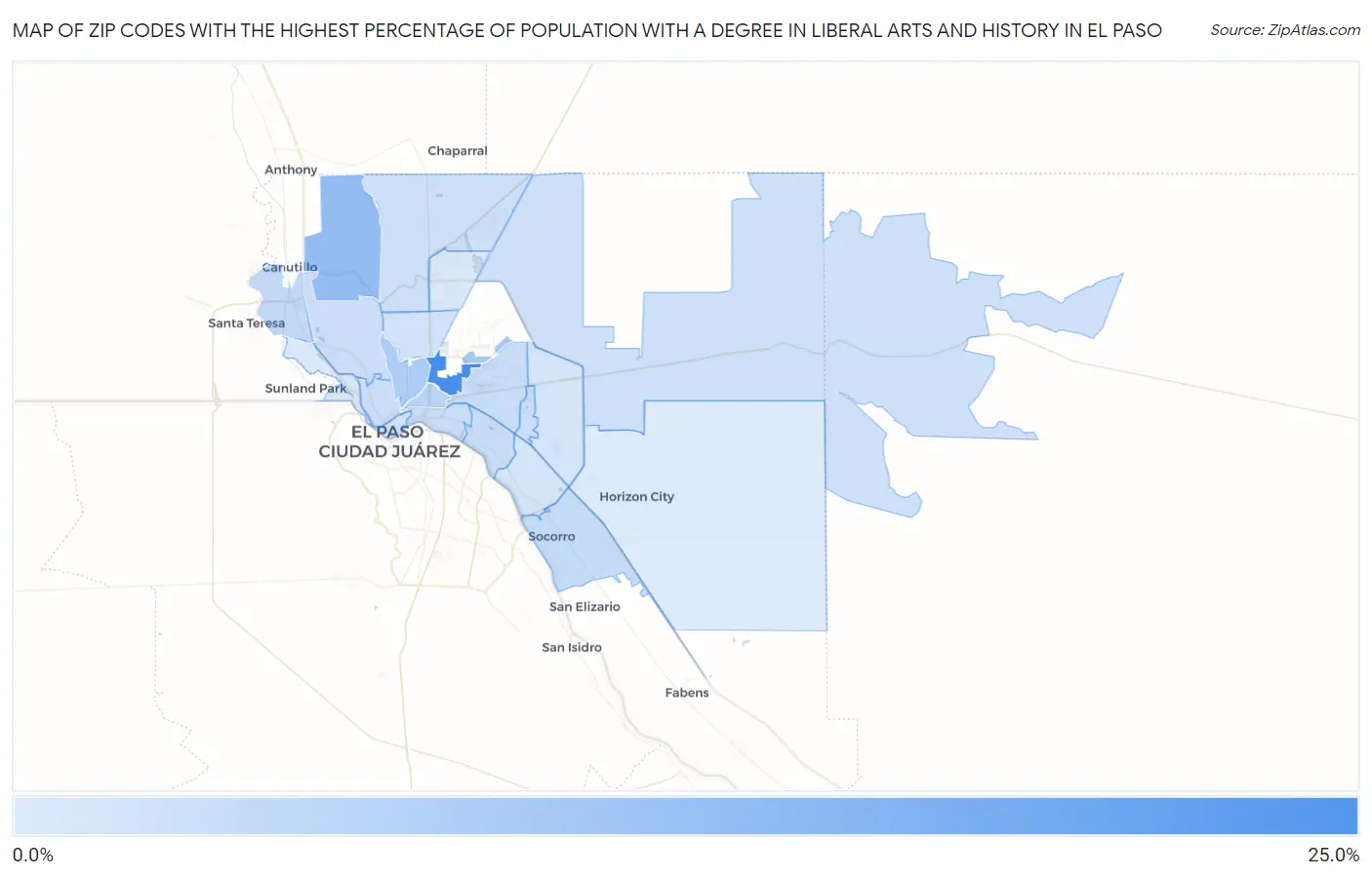 Zip Codes with the Highest Percentage of Population with a Degree in Liberal Arts and History in El Paso Map