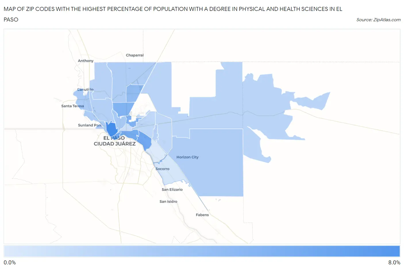 Zip Codes with the Highest Percentage of Population with a Degree in Physical and Health Sciences in El Paso Map