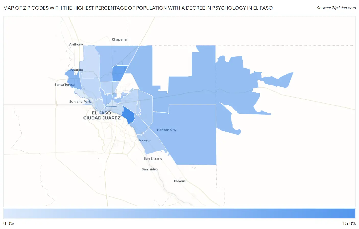 Zip Codes with the Highest Percentage of Population with a Degree in Psychology in El Paso Map