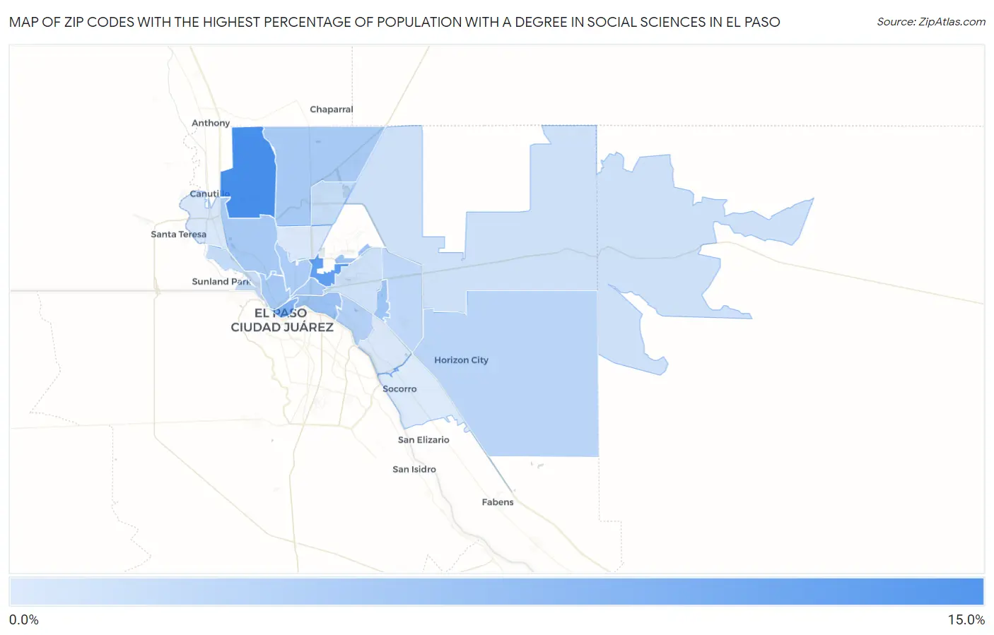 Zip Codes with the Highest Percentage of Population with a Degree in Social Sciences in El Paso Map