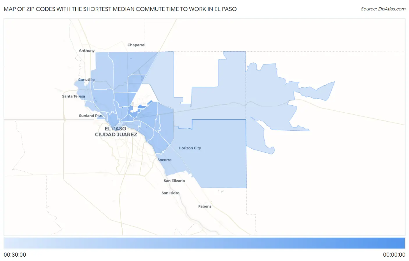 Zip Codes with the Shortest Median Commute Time to Work in El Paso Map