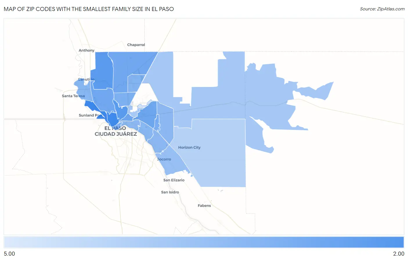 Zip Codes with the Smallest Family Size in El Paso Map