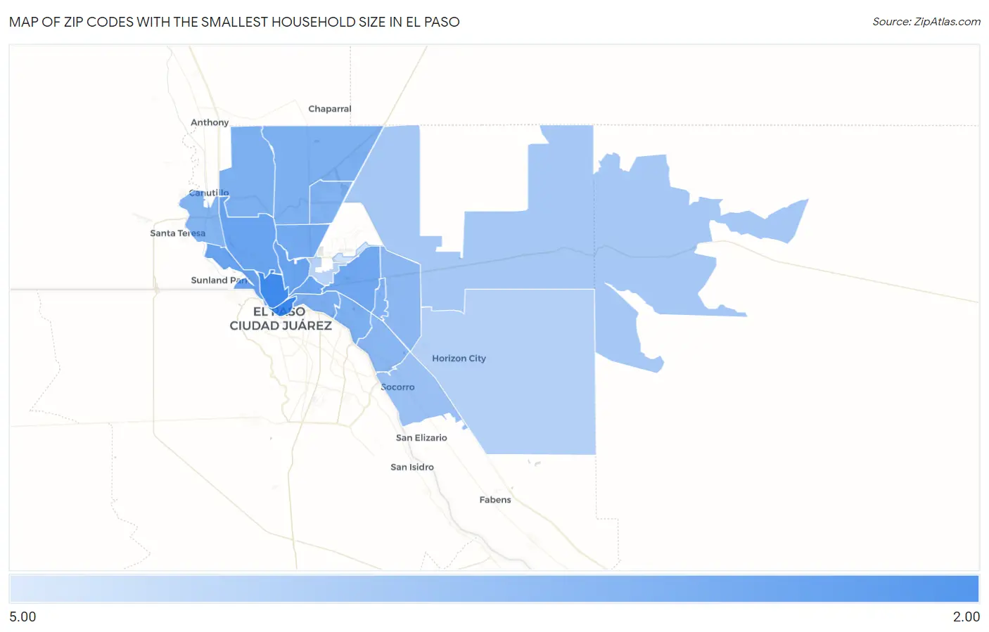 Zip Codes with the Smallest Household Size in El Paso Map