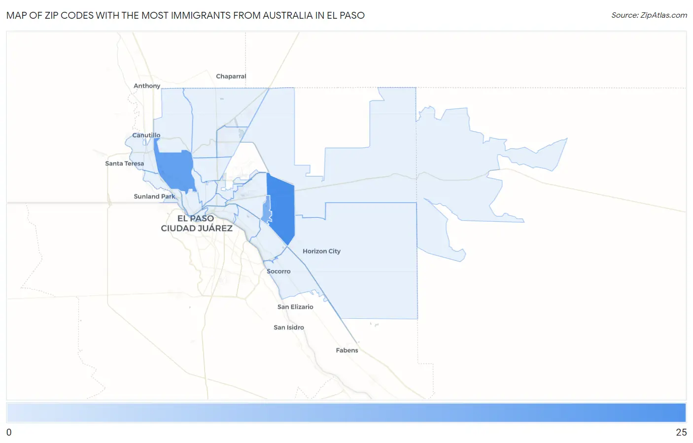 Zip Codes with the Most Immigrants from Australia in El Paso Map