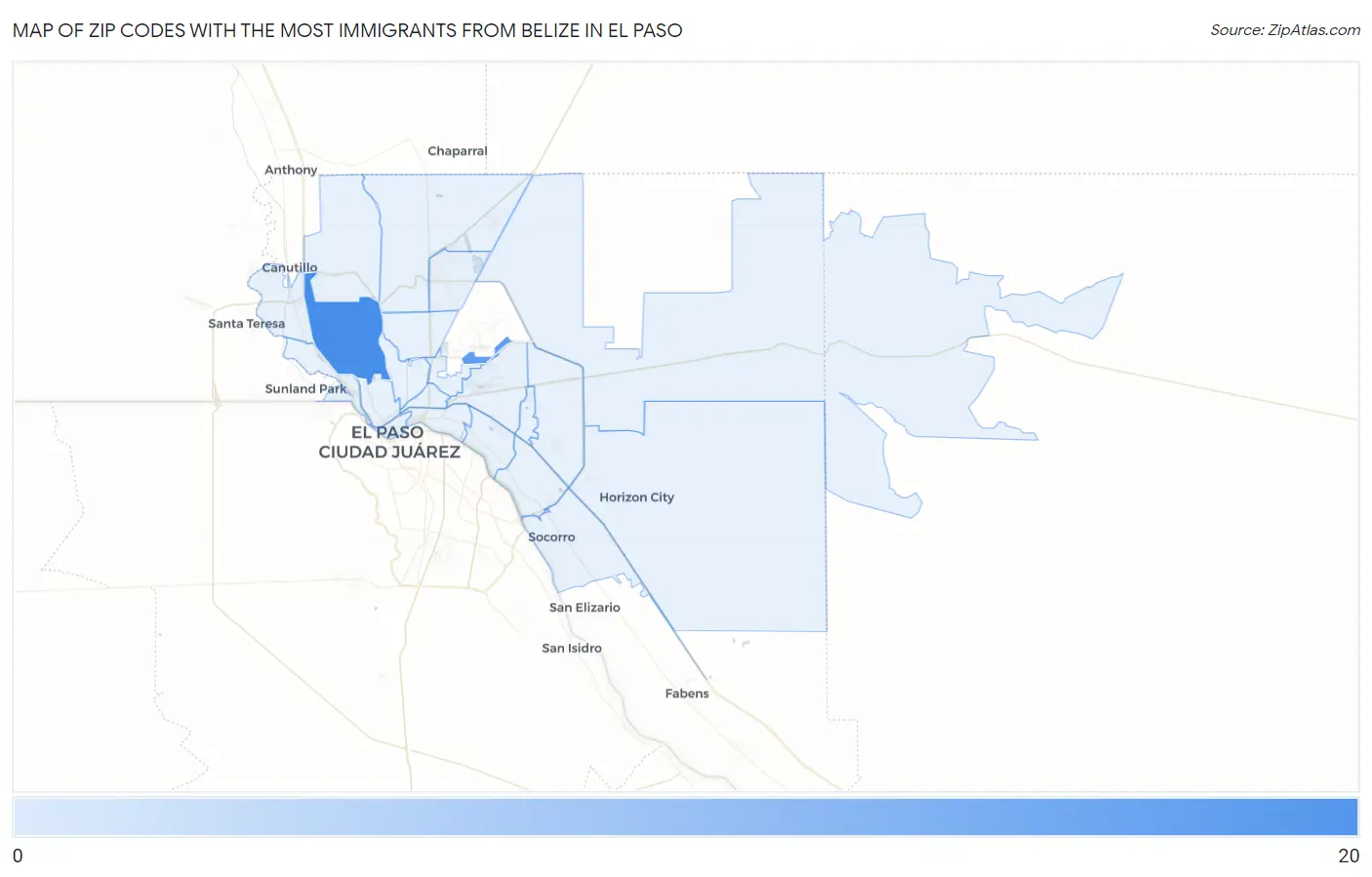 Zip Codes with the Most Immigrants from Belize in El Paso Map