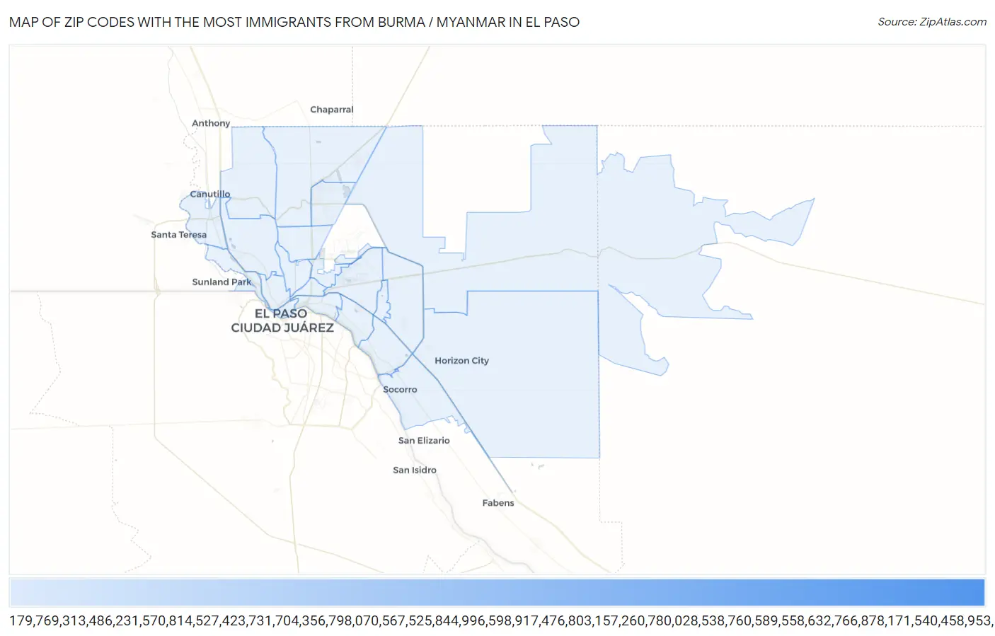 Zip Codes with the Most Immigrants from Burma / Myanmar in El Paso Map